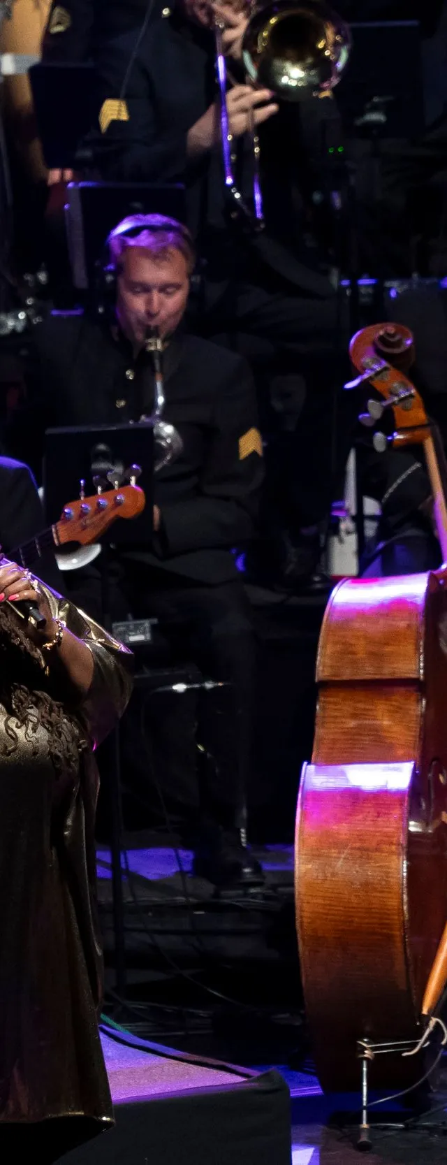 A female vocalist wearing a shiny gold dress stands on stage singing into a microphone, accompanied by a conductor in a dark uniform and a large ensemble of musicians playing brass, woodwind, and string instruments, including a prominently featured double bass and an electric guitar.